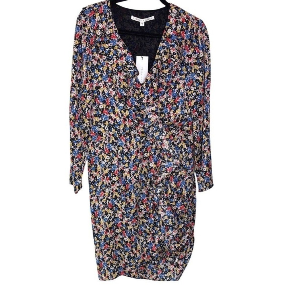 Veronica Beard Navy Multicolor Floral Long Sleeve Wrap Dress